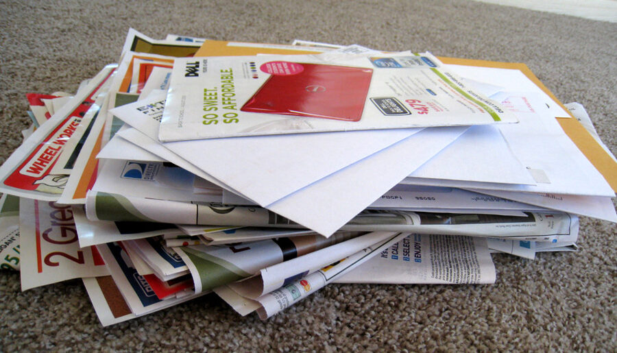 Montón de folletos y correo publicitario apilados en el suelo