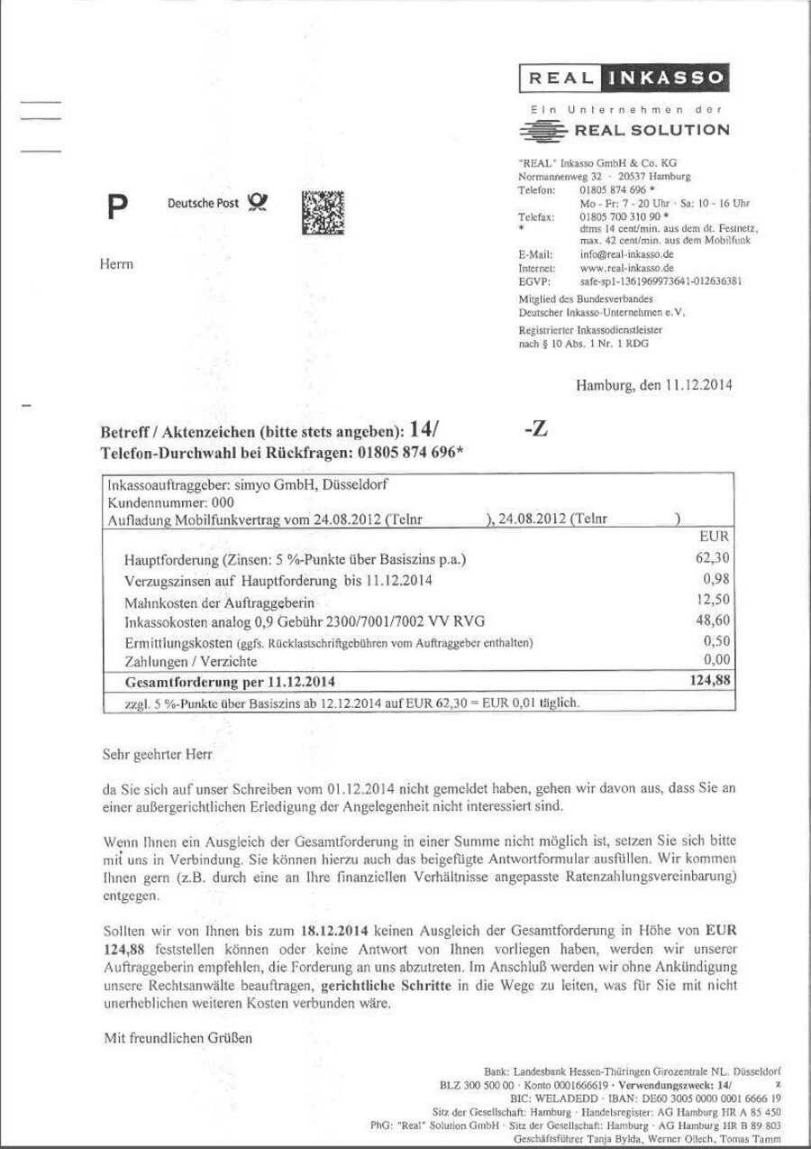 Carta de reclamación de una empresa de recobro con el desglose de la deuda
