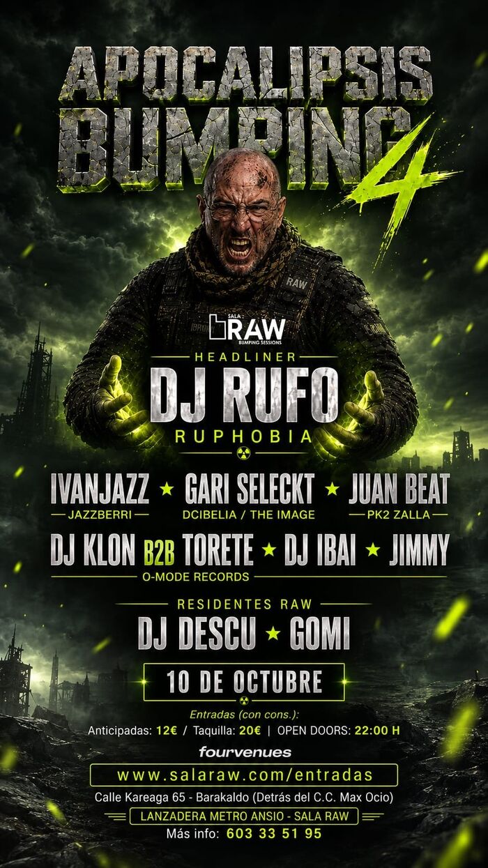 Cartel oficial de Apocalipsis Bumping 4 con el superviviente gritando entre ruinas, el listado completo de DJs, la fecha y los precios
